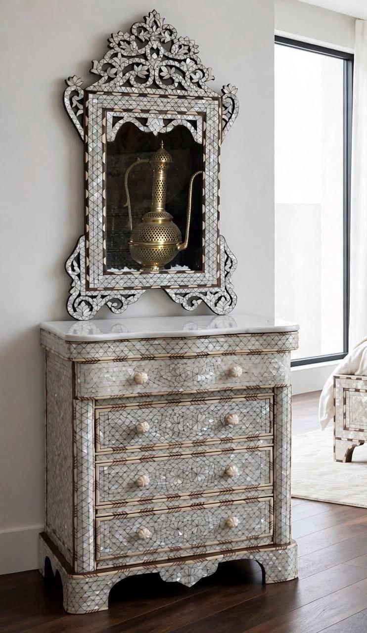 Handmade Mother of Pearl Inlay Nightstand with Mirror, Syrian Moroccan Decor