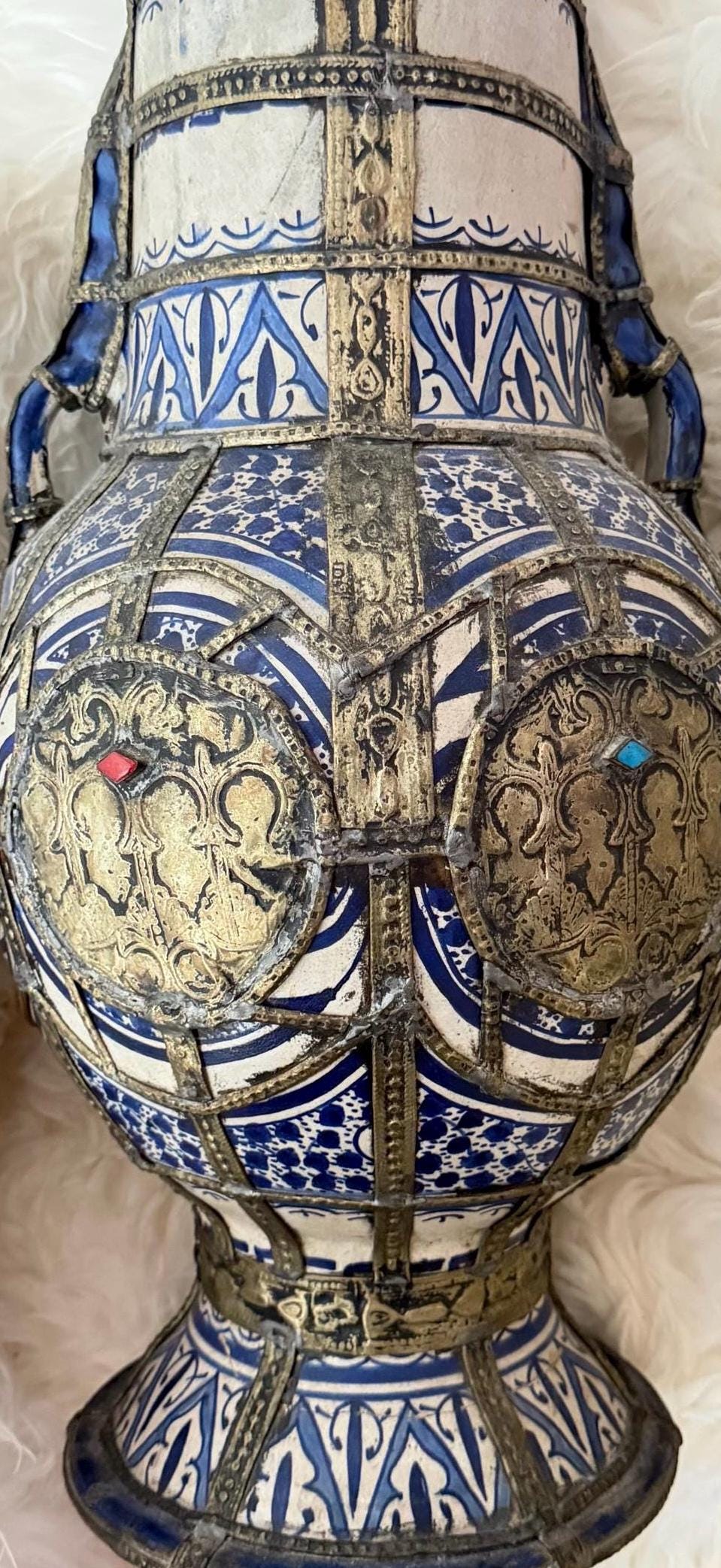 Antique Moroccan Clay Urn with Metal Wirework Overlay, Cobalt Blue Geometric Patterns