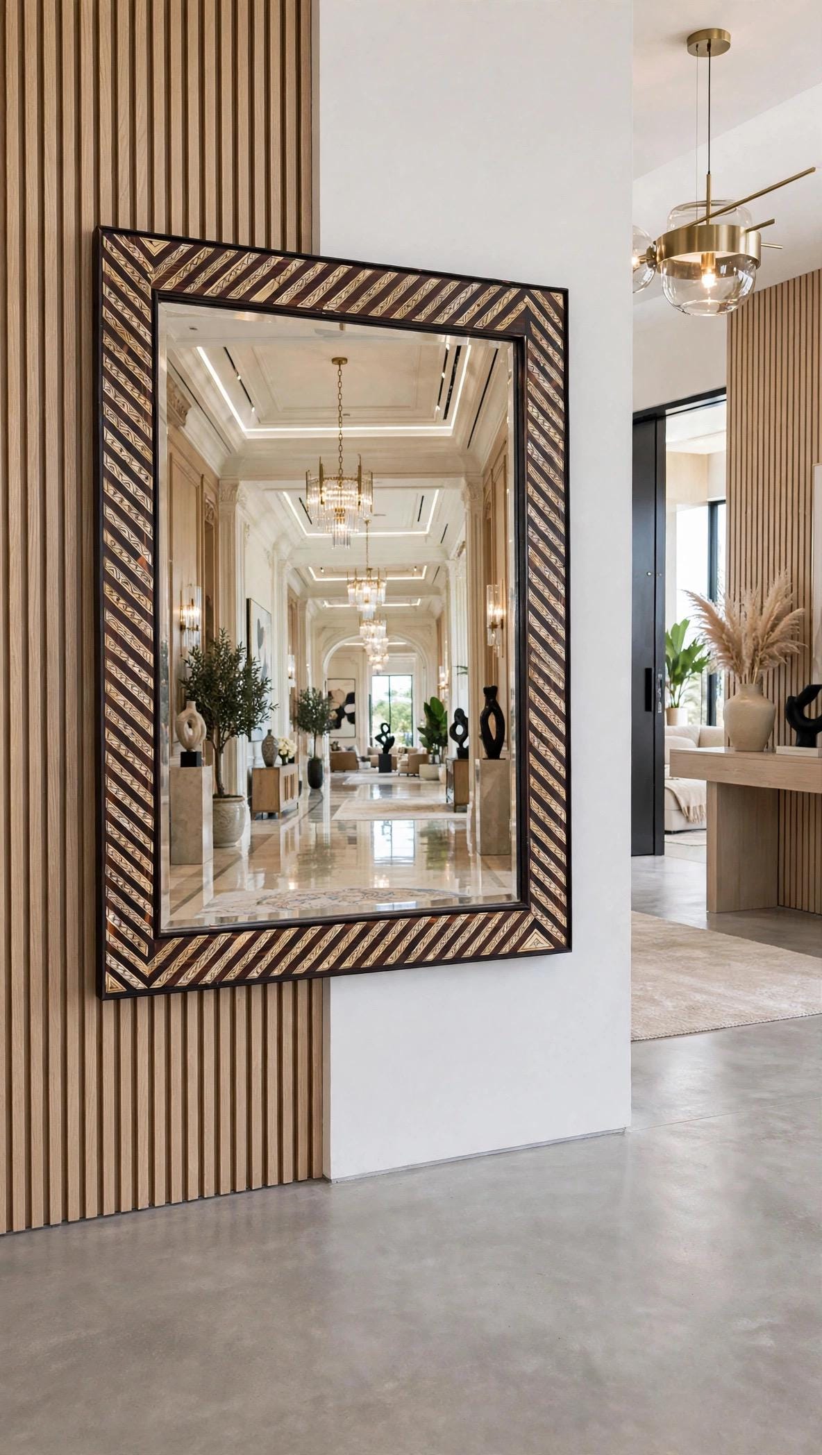 Handcrafted Moroccan Bone Inlay Mirror – Geometric Striped Wooden Wall Decor