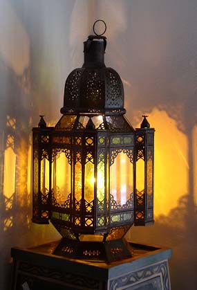 Moroccan lantern mosque lamp by Justmorocco featuring intricate metalwork and colorful glass panels for decorative lighting.