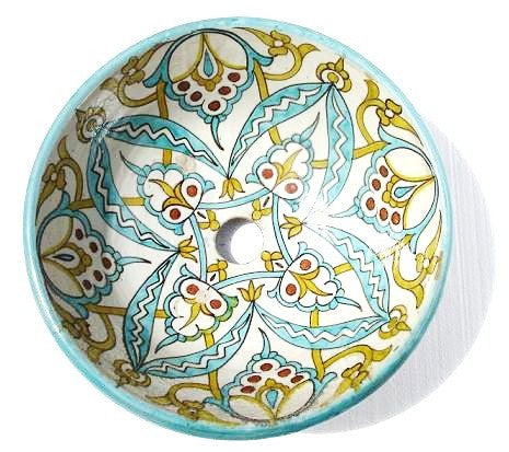 Handcrafted antique Moroccan sink with colorful tiled surface, featuring three sides of intricate tile designs from Justmorocco.