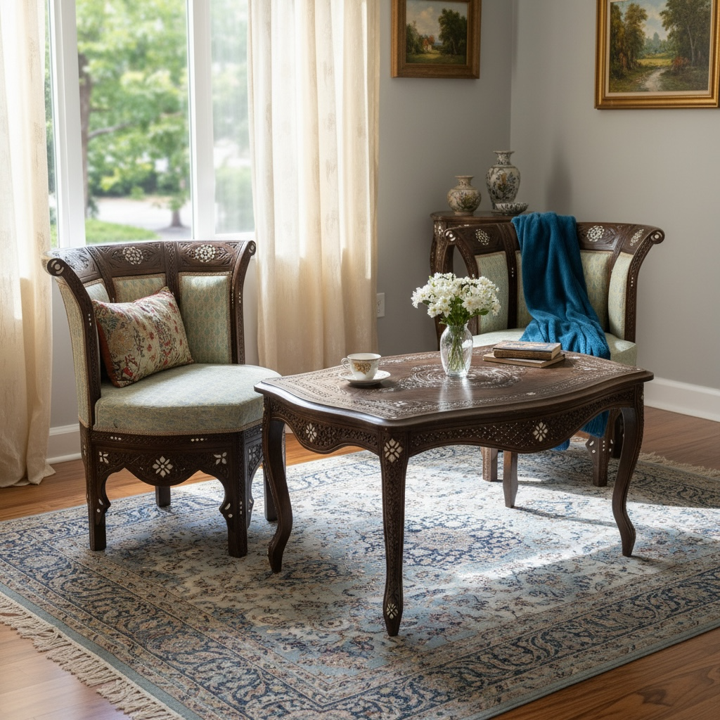 The furniture appears to be in the Syrian or Levantine style, specifically featuring traditional Mother of Pearl (Arish) inlay on dark wood, likely walnut