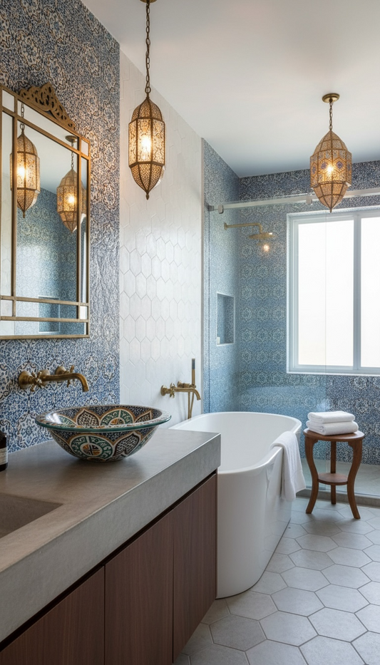 The centerpiece is a Fes-style hand-painted ceramic vessel sink