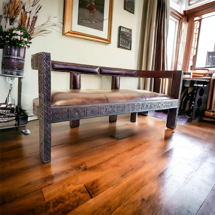 Moroccan vintage leather bench. All handmade in Marrakech