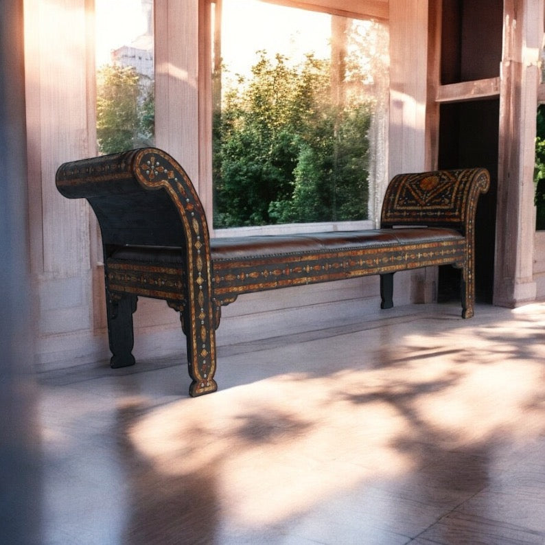 Moroccan vintage inlay bone seat great add for bedroom furniture