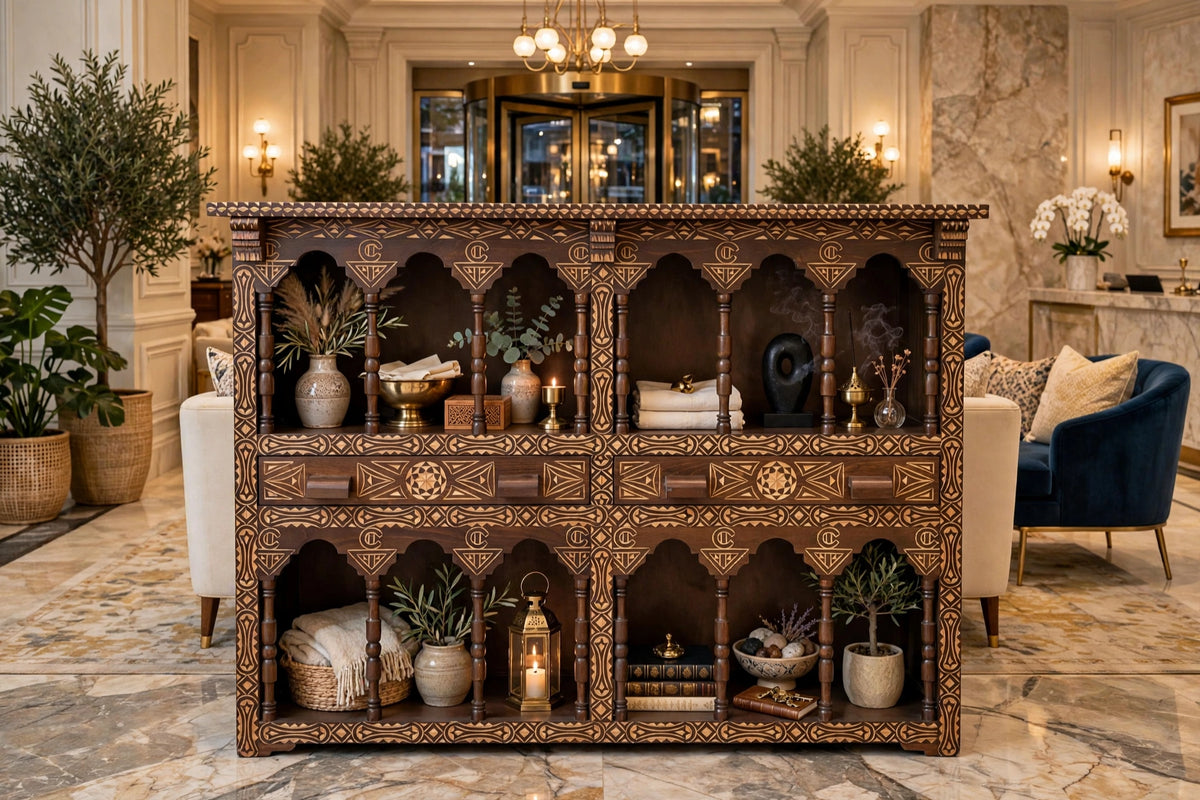 Handmade Moroccan cedar cabinet with Moorish arch carved double wooden doors, showcasing intricate carvings and natural wood finish.