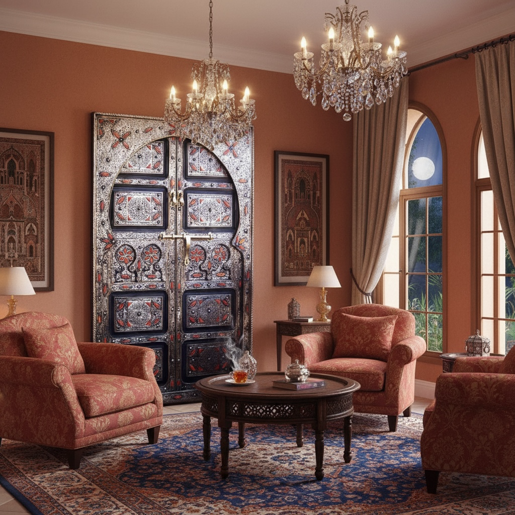 Moroccan Mostafa door by Justmorocco featuring intricate traditional designs and rich wood finish.