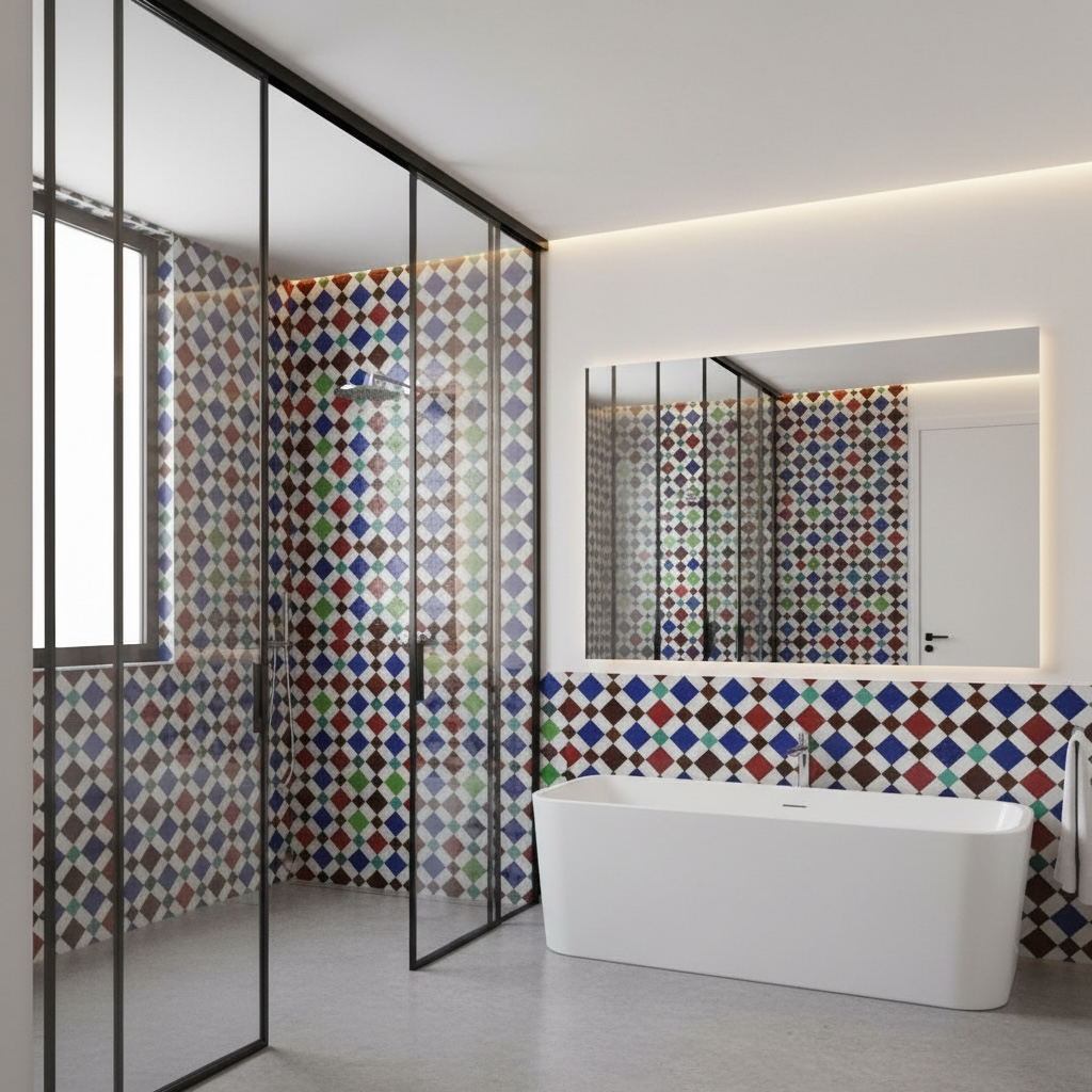 Moroccan Dama Taza tile by Justmorocco featuring intricate geometric blue and white patterns on ceramic surface.