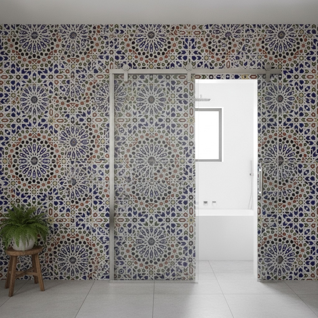 Colorful Marrakech riad Moroccan tile by Justmorocco featuring intricate geometric patterns and vibrant traditional design.