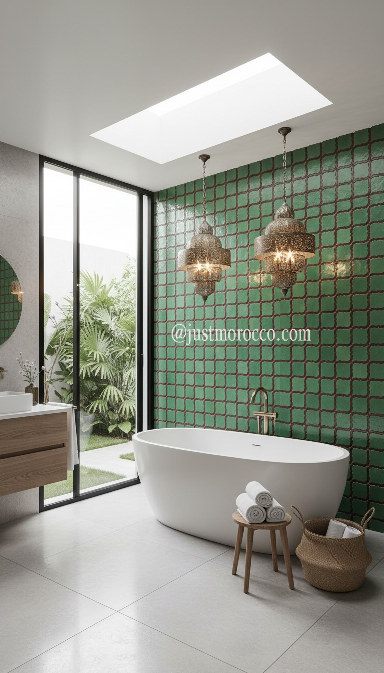 Moroccan Fleur de Lys tile by Justmorocco showcasing intricate blue and white geometric patterns on ceramic surface.