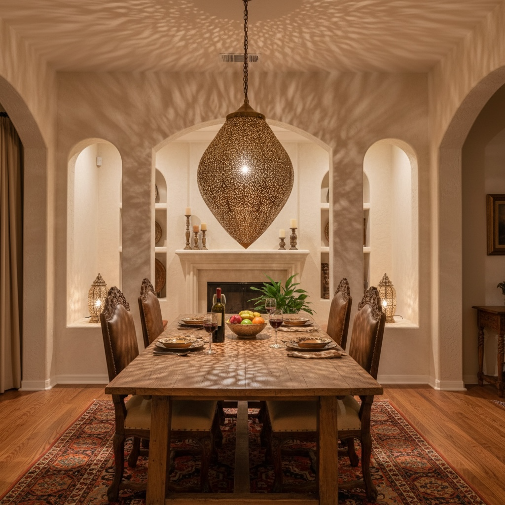 Cordoba brass chandelier, Moroccan lantern style with intricate metalwork, hanging design by Justmorocco.