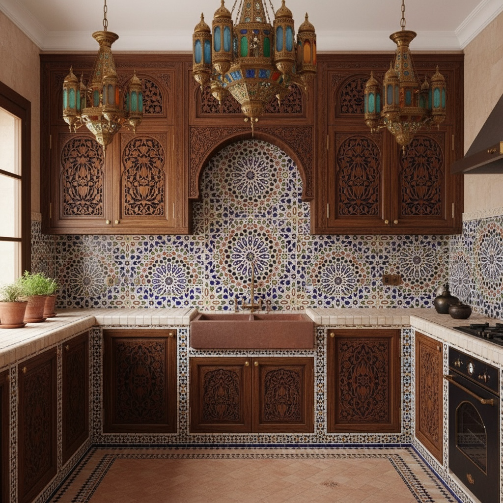 Colorful Marrakech riad Moroccan tile with intricate geometric patterns from Justmorocco, showcasing traditional craftsmanship.