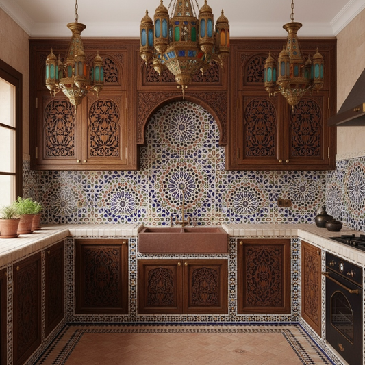 Colorful Marrakech riad Moroccan tile with intricate geometric patterns from Justmorocco, showcasing traditional craftsmanship.