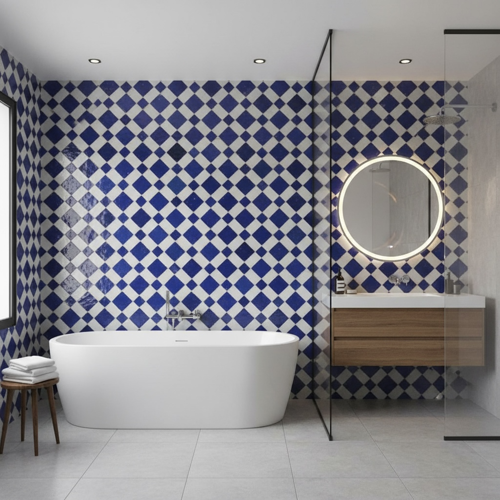 Moroccan Sevilla Blue tile by Justmorocco with intricate blue and white patterns, showcasing traditional tile design.