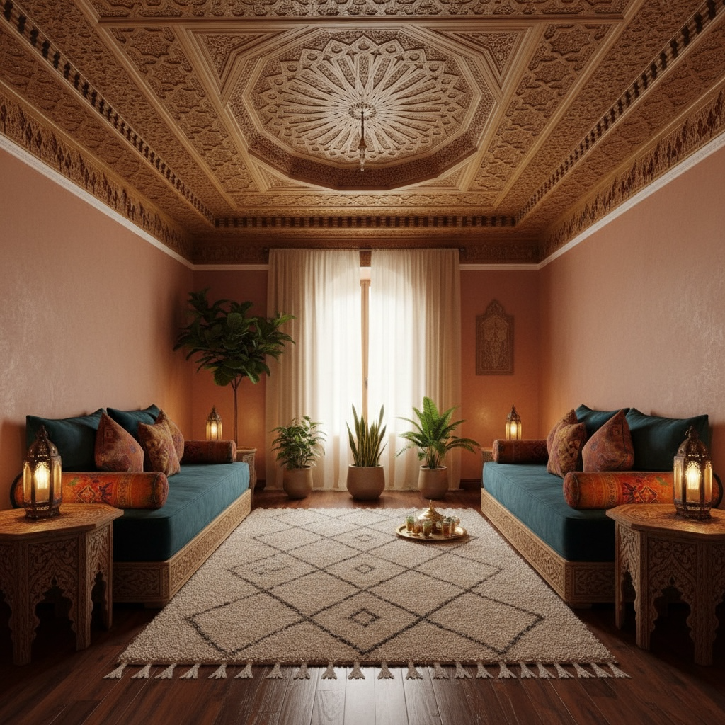 Demna royal ceiling featuring intricate Moroccan design and craftsmanship, showcasing detailed patterns and vibrant colors.