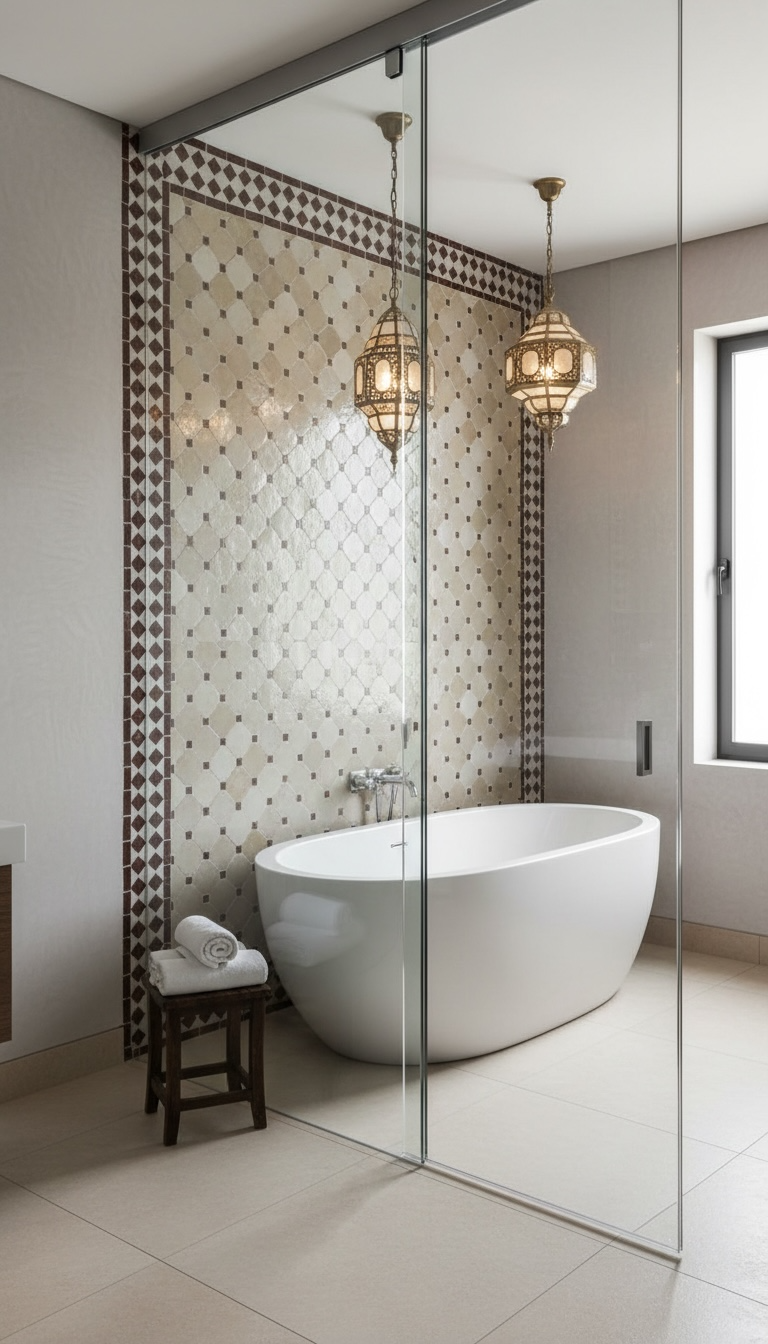 Moroccan Hamam tile from Justmorocco featuring intricate geometric blue and white patterns on glazed ceramic surface.