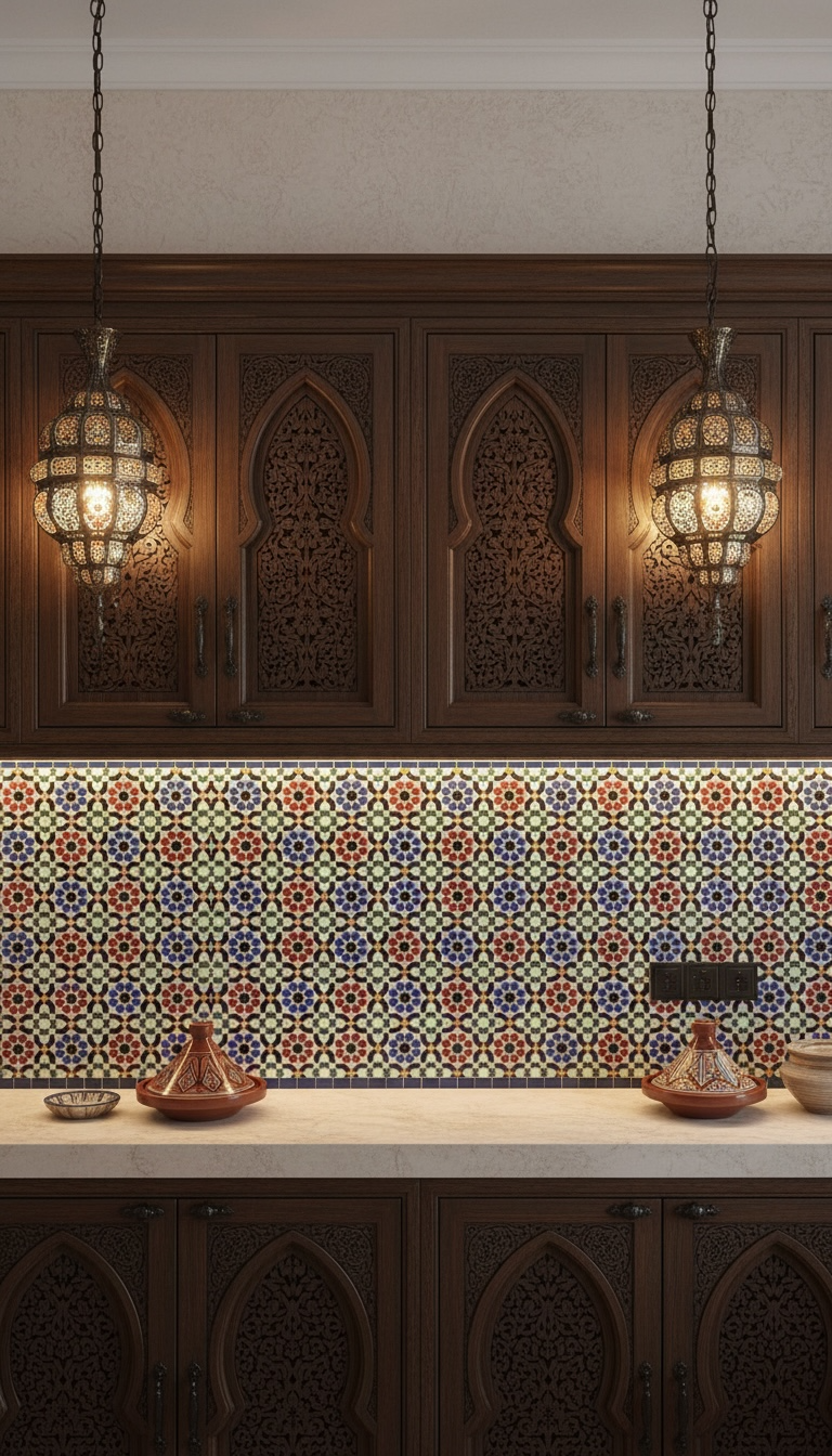 Colorful Dareh Deluxe Moroccan tile by Justmorocco with intricate geometric patterns on a neutral background.