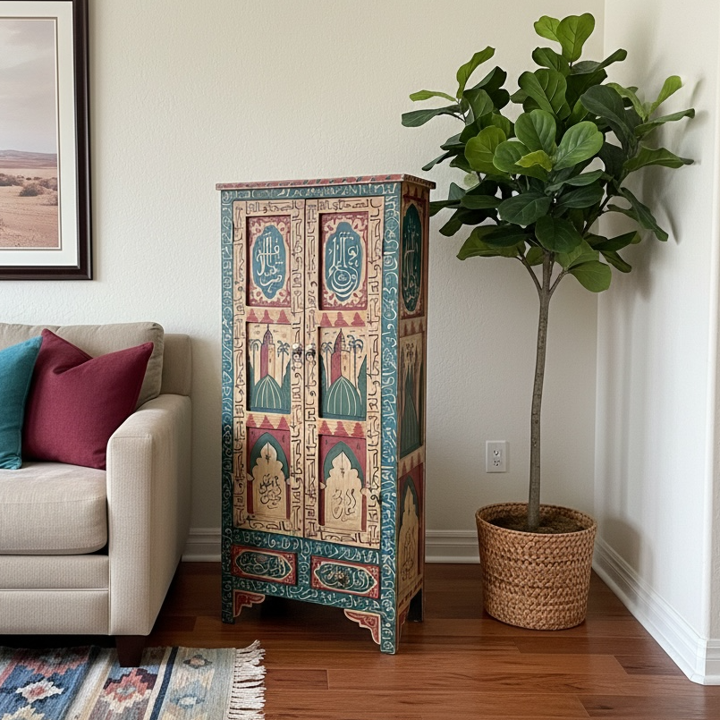 Moroccan Arabia cabinet by Justmorocco featuring intricate wood carvings and traditional Moroccan design for elegant storage.