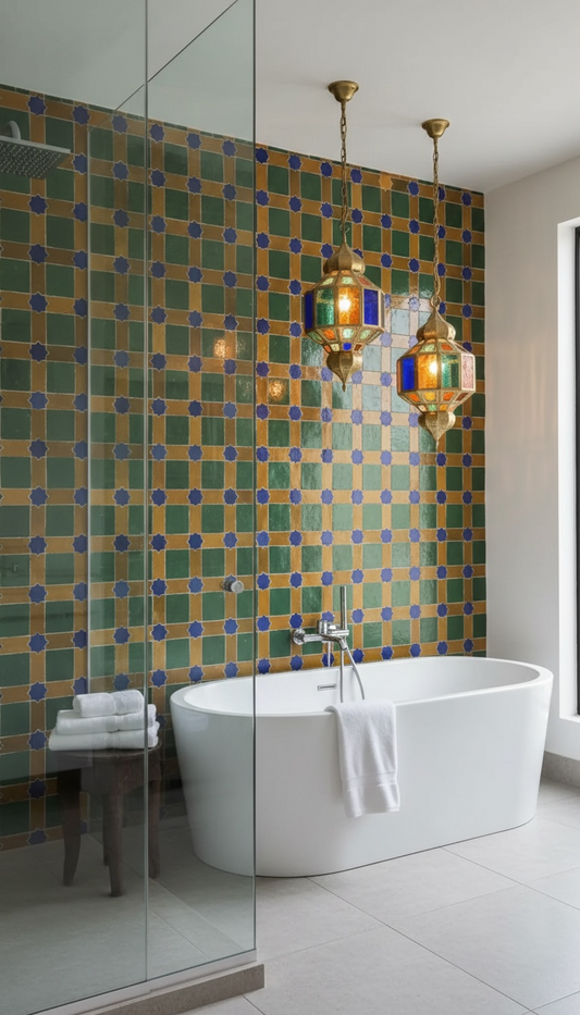 Moroccan Alhambra crown tile by Justmorocco featuring intricate geometric patterns in vibrant colors.