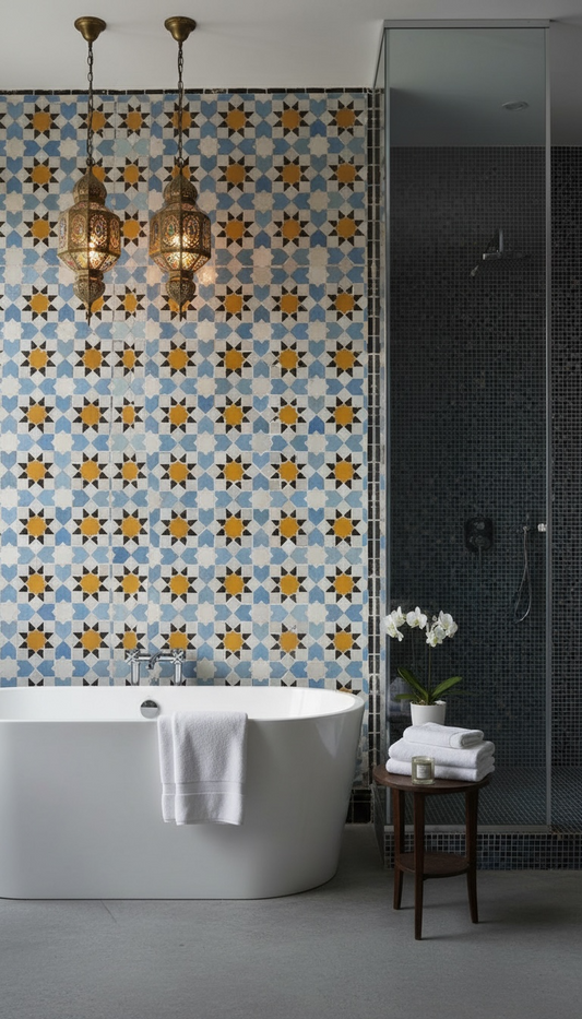 Moroccan Alhambra Moores tile by Justmorocco featuring intricate geometric patterns in vibrant colors on ceramic surface.