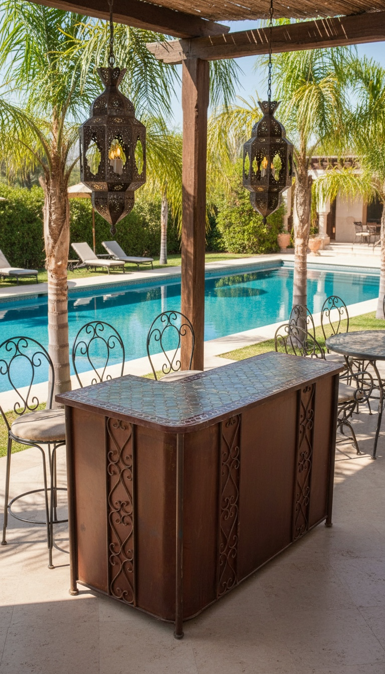 Moroccan mosaic tile counter featuring colorful intricate patterns from Justmorocco, showcasing vibrant ceramic tile design.