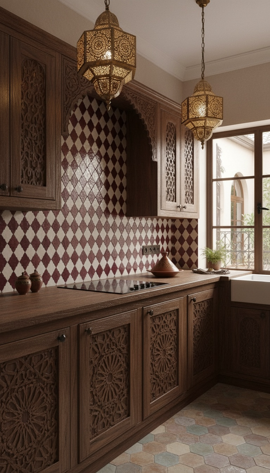Moroccan Cordobesa tile with intricate geometric patterns in earthy tones, showcasing traditional craftsmanship by Justmorocco.