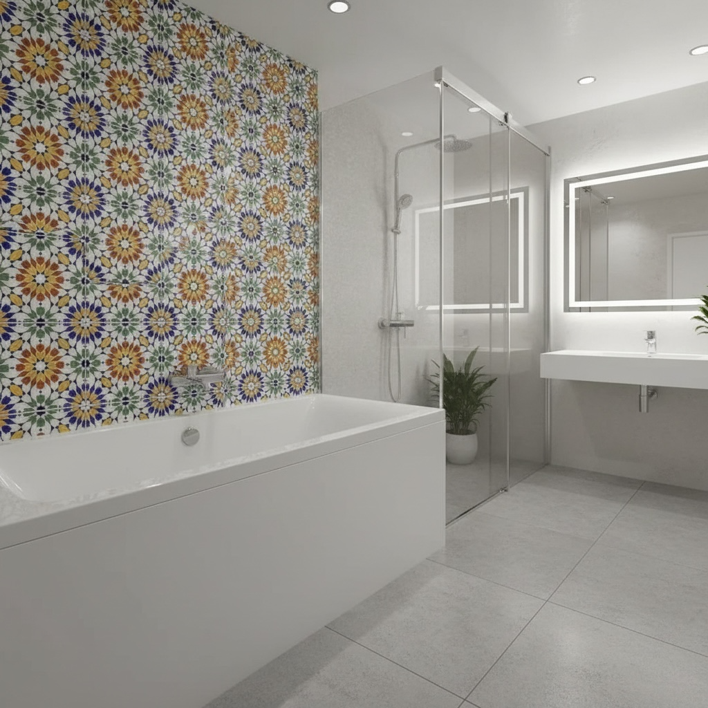Moroccan Alhambra bathroom tile pack by Justmorocco featuring intricate blue and white patterned ceramic tiles.
