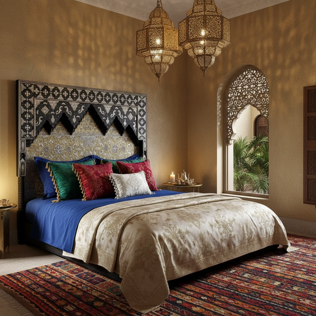 Colorful Moroccan harem bed from Justmorocco featuring vibrant patterns and traditional Moroccan bedding style.