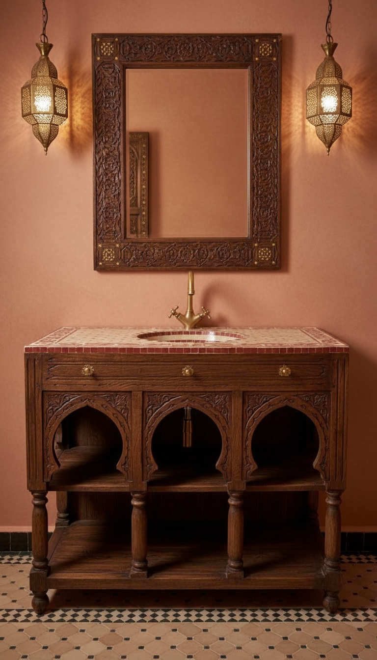 Moroccan Alhambra sink with intricate tile design by Justmorocco, showcasing vibrant patterns and craftsmanship.