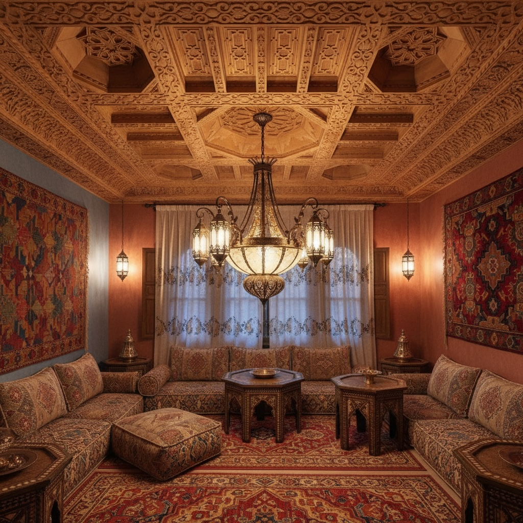 Intricate geometric Andalusia Moorish ceiling design by Justmorocco showcasing detailed craftsmanship and traditional Moroccan artistry.
