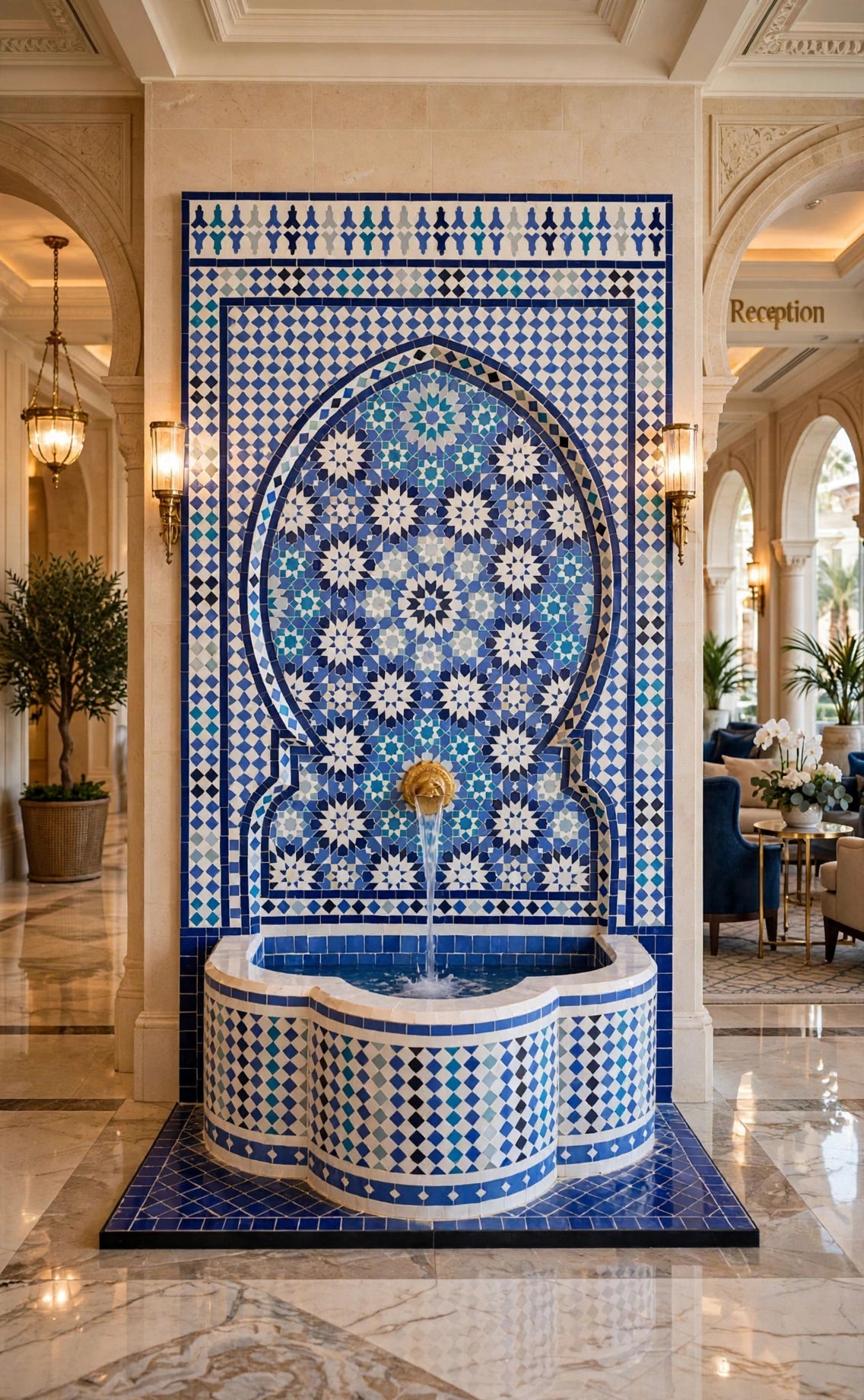 Large handmade mosaic tile fountain by Justmorocco featuring intricate Moorish water design and colorful ceramic tiles.