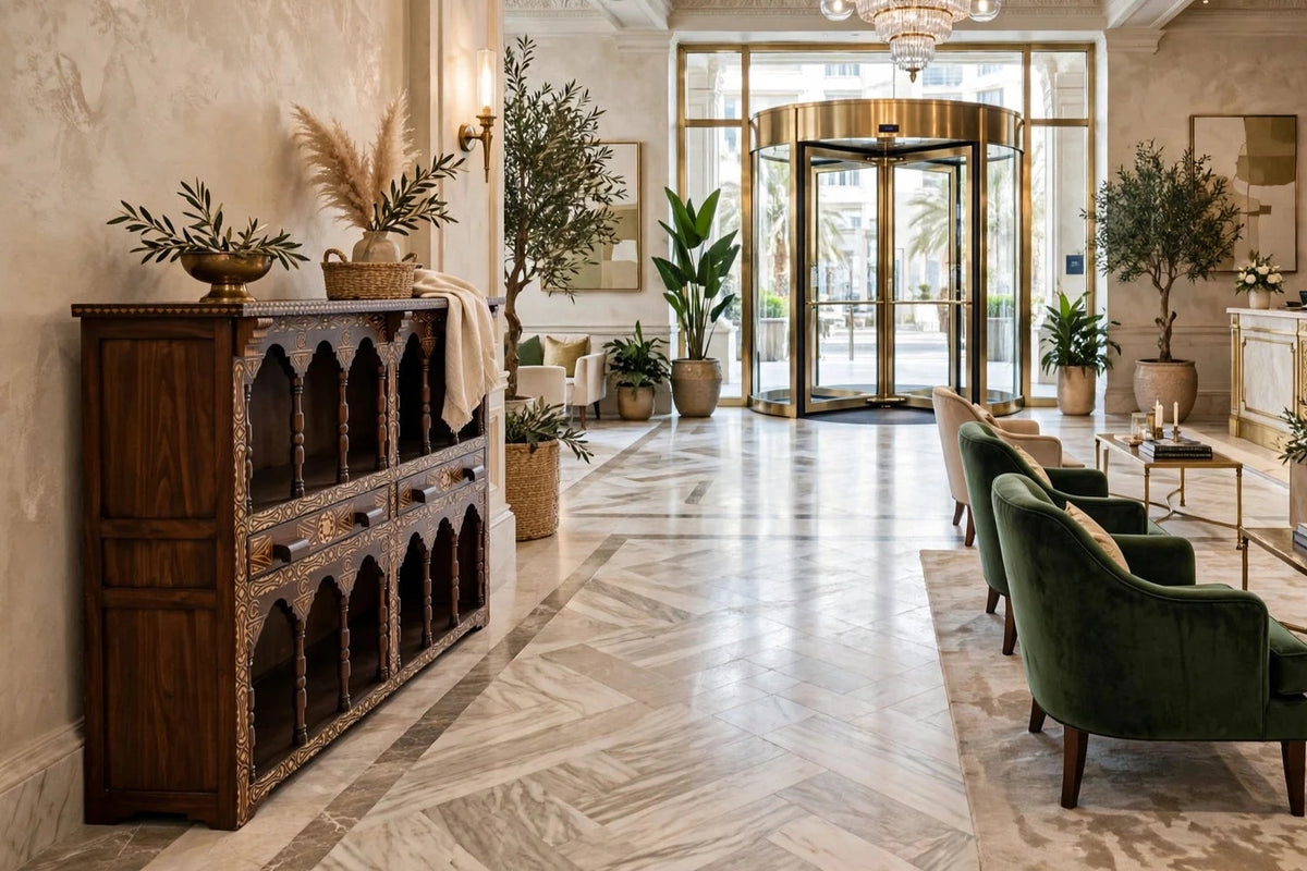 Handmade Moroccan cedar cabinet with Moorish arch carved double wooden doors, featuring intricate woodwork and traditional design.