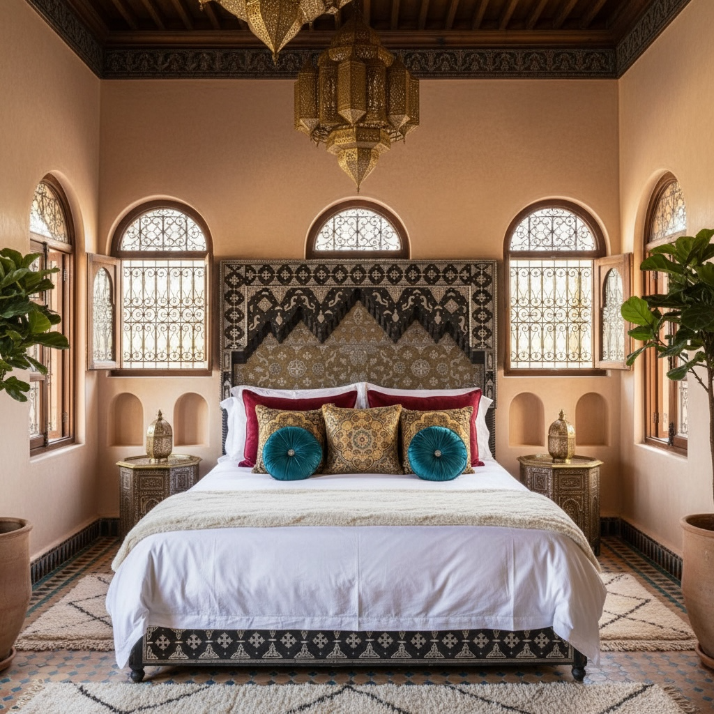 Moroccan harem bed from Justmorocco featuring colorful, patterned Moroccan bedding with plush cushions and traditional design.