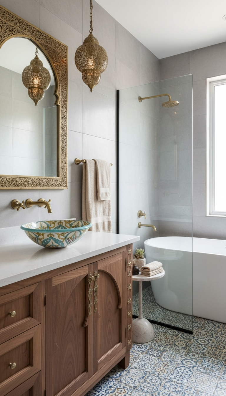 Antique Fes vessel sink with Moroccan tile design, featuring intricate patterns and earthy tones, by Justmorocco.