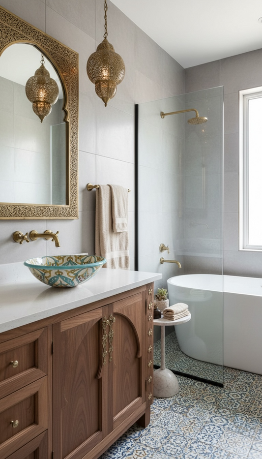 Antique Fes vessel sink with Moroccan tile design, featuring intricate patterns and earthy tones, by Justmorocco.