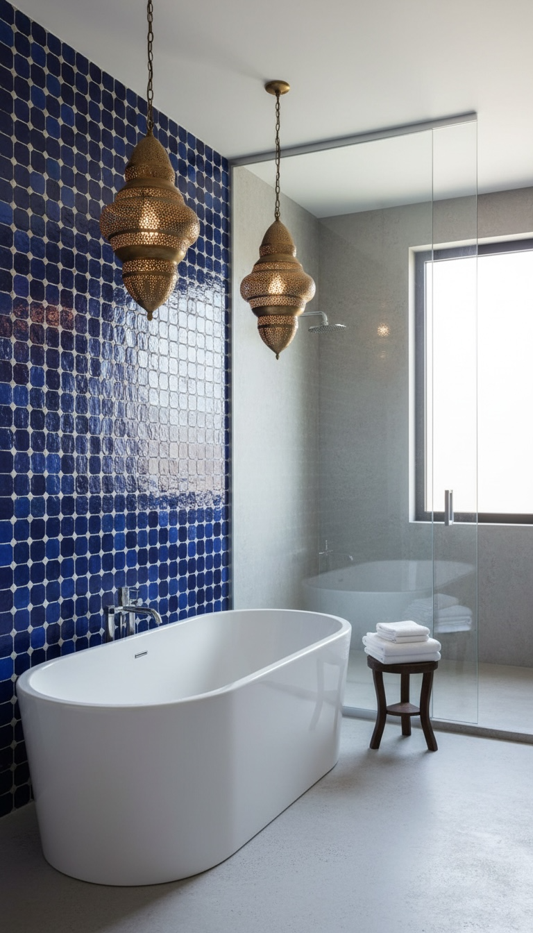 Moroccan Zellij Darna tile by Justmorocco featuring intricate geometric blue and white patterns on ceramic surface.