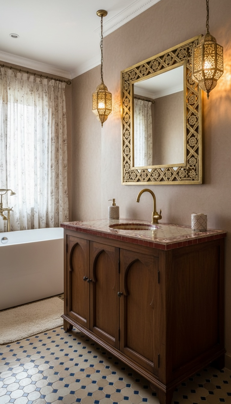 Colorful Moroccan tile from the Alhambra sink collection by Justmorocco, featuring intricate geometric patterns.