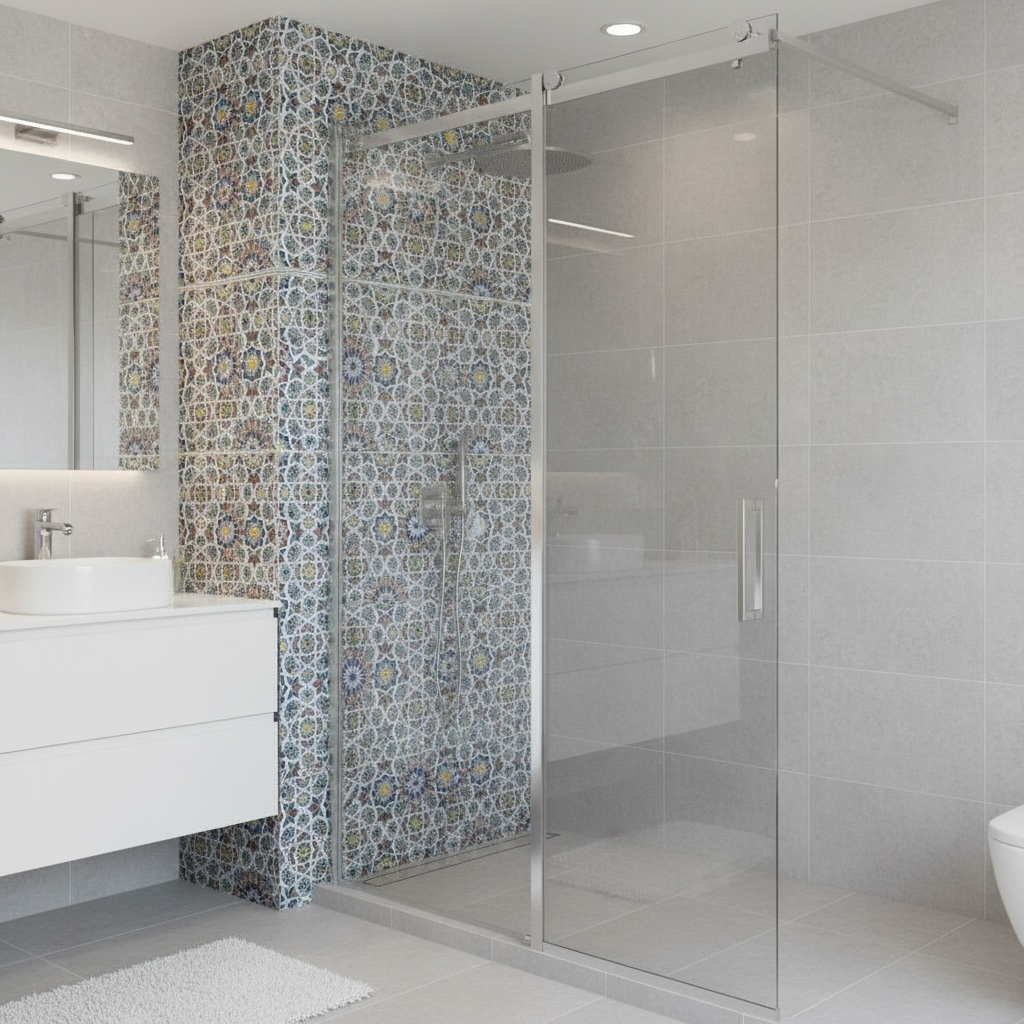 Moroccan tile from the Madeira Palace pack by Justmorocco, showcasing intricate blue and white geometric patterns.