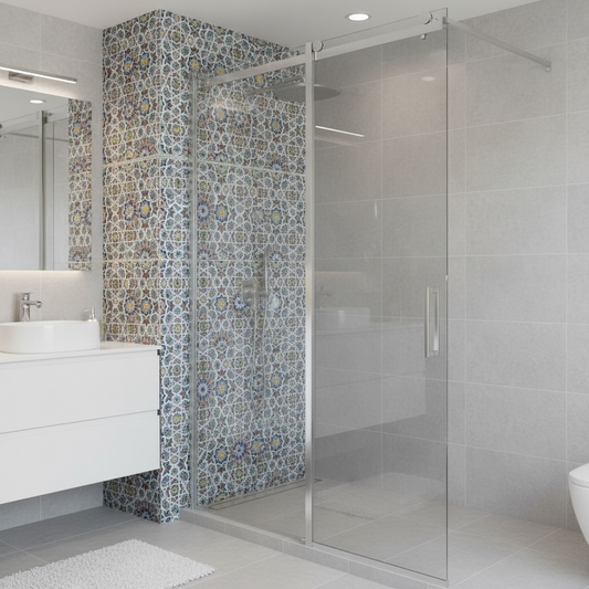Moroccan tile from the Madeira Palace pack by Justmorocco, showcasing intricate blue and white geometric patterns.