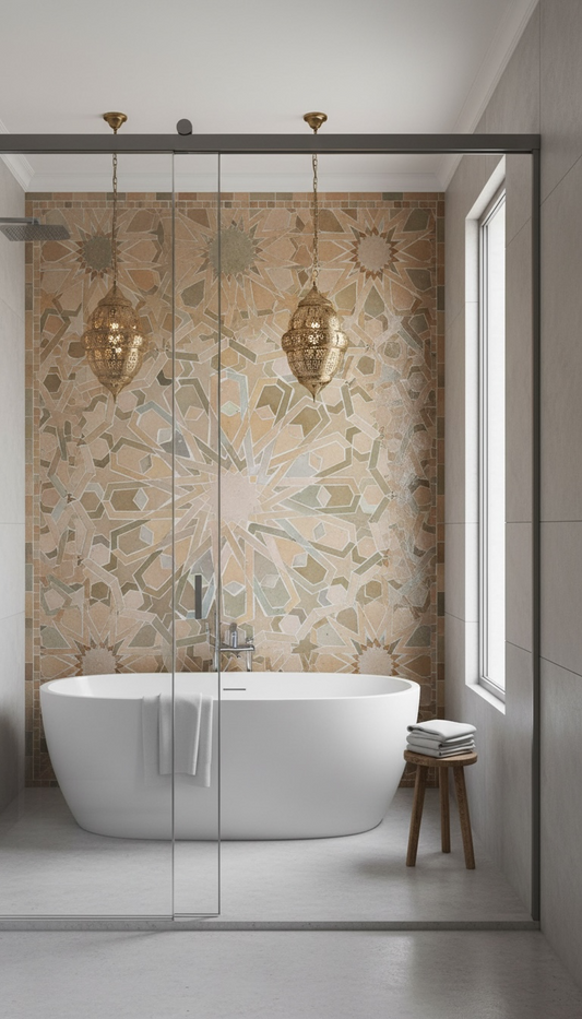 Moroccan Santa Barbara tile by Justmorocco featuring intricate blue and white geometric patterns on ceramic surface.