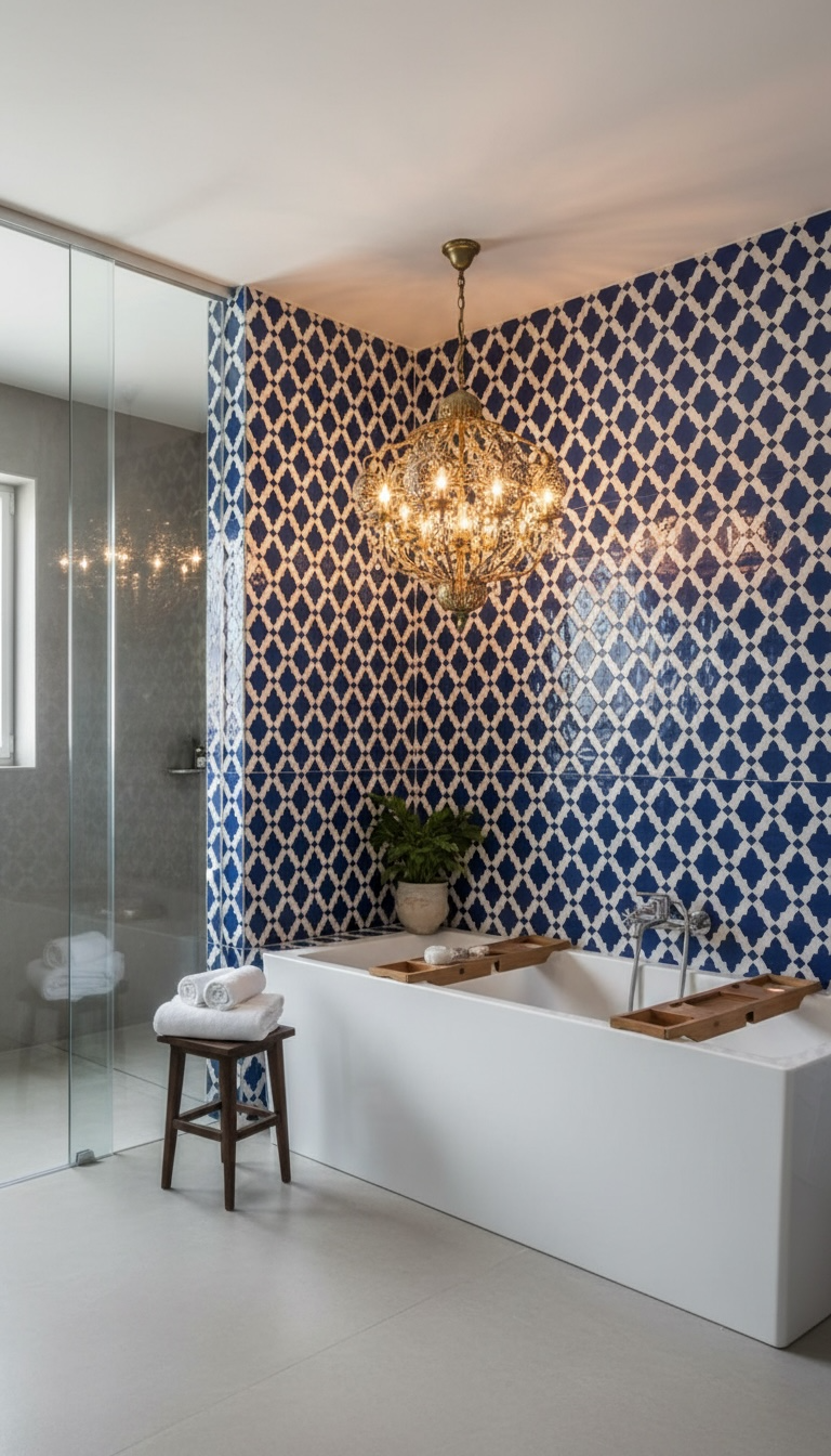 Decorative Moroccan tile from Justmorocco featuring intricate geometric patterns in blue and white colors.