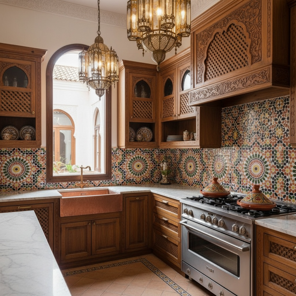 Colorful Moroccan Andalusia kitchen tile by Justmorocco featuring intricate geometric patterns on glazed ceramic surface.