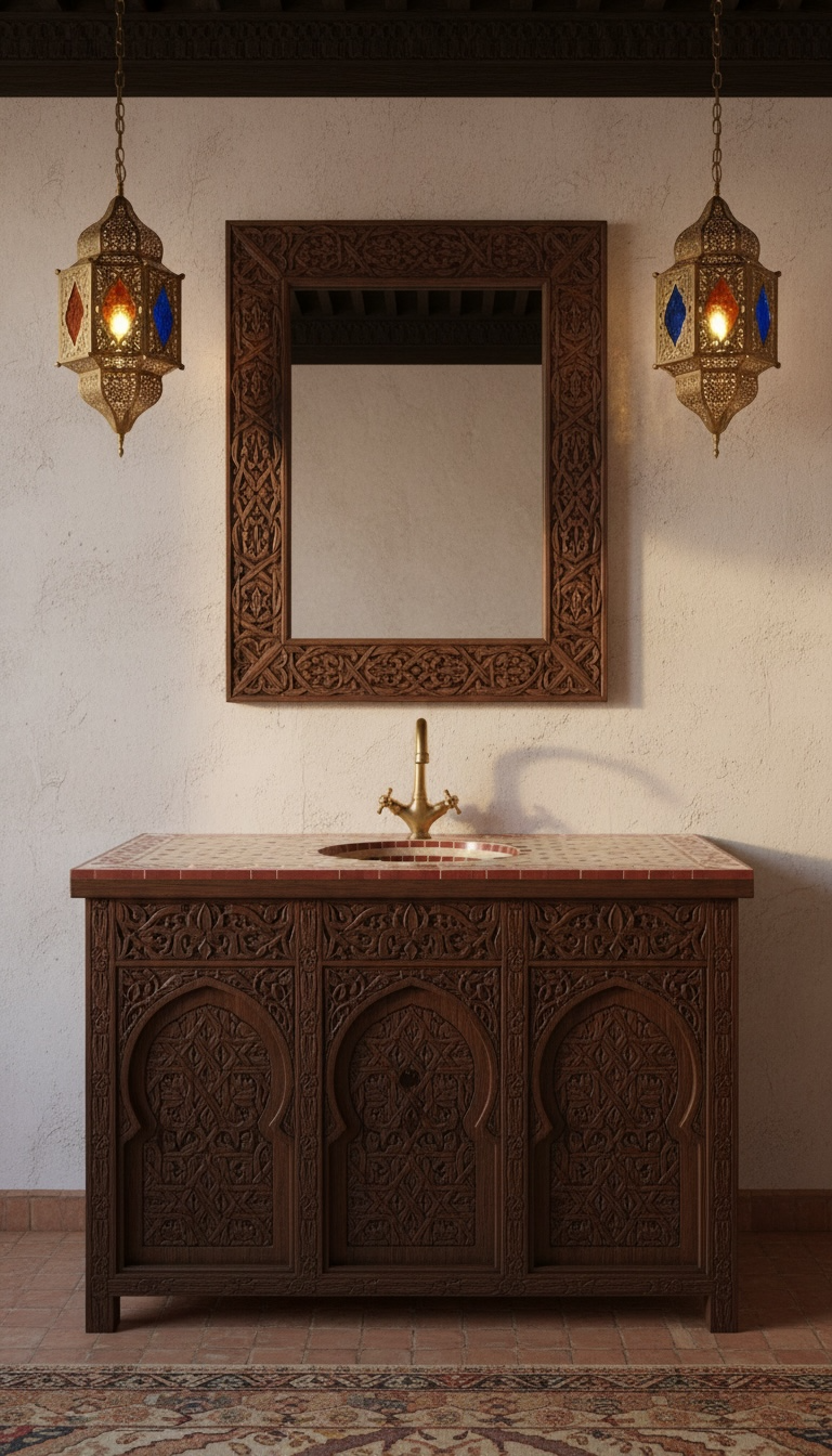 Moroccan tile sink by Justmorocco featuring intricate Alhambra-style blue and white mosaic patterns.