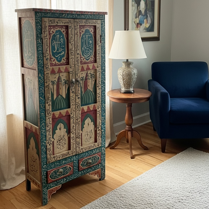 Arabia Moroccan cabinet by Justmorocco featuring intricate wood carvings and traditional design, ideal for stylish storage.