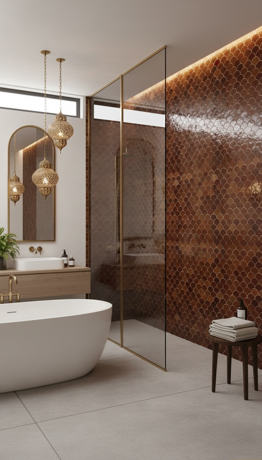 Red Moroccan Alhambra tile with intricate geometric patterns, showcasing traditional design by Justmorocco.