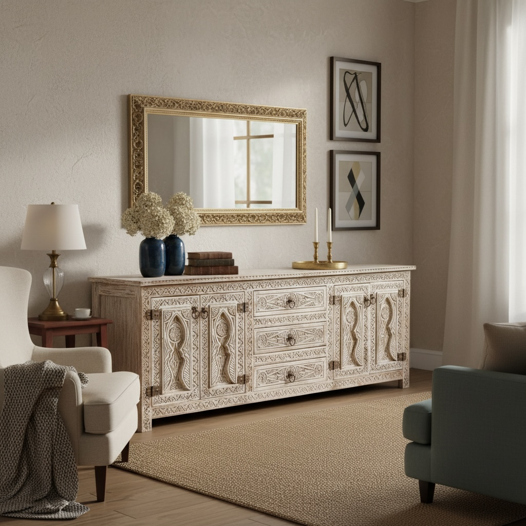 Carved wooden Kinsasha African cabinet by Justmorocco featuring intricate traditional designs and natural finish.