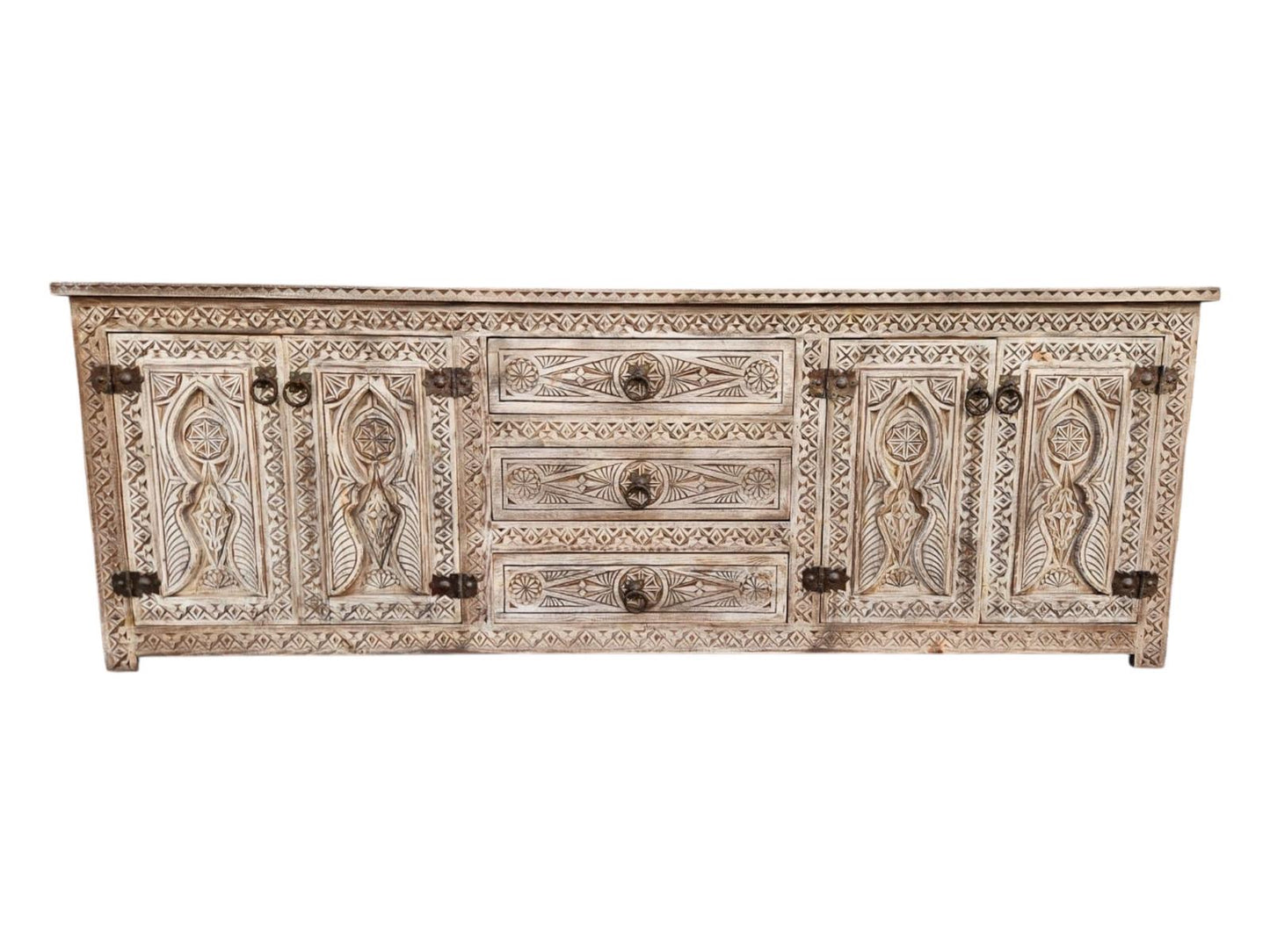Carved wooden Kinsasha African cabinet by Justmorocco featuring intricate traditional patterns and craftsmanship.