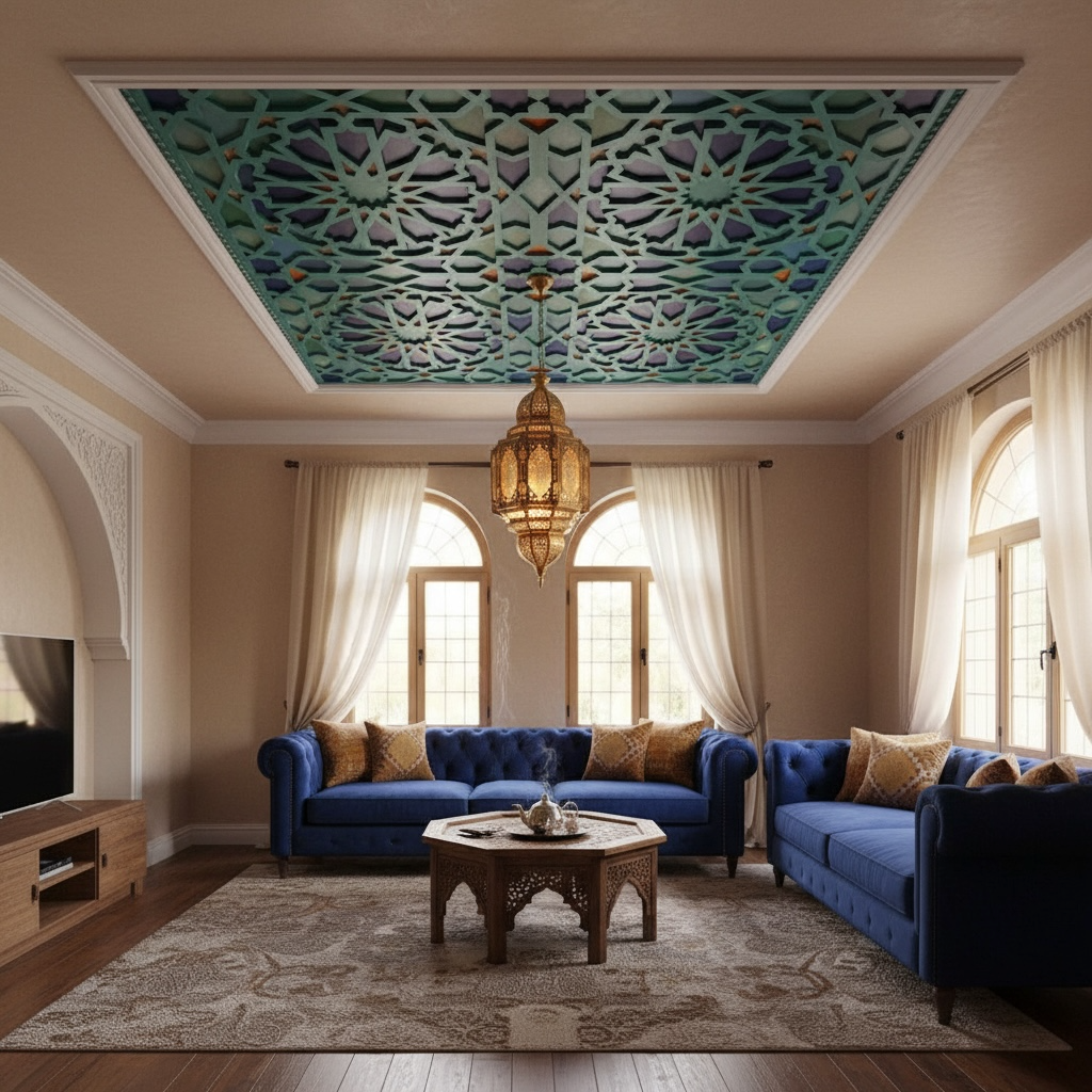 Decorative geometric Moorish ceiling design by Justmorocco featuring intricate patterns and traditional craftsmanship.