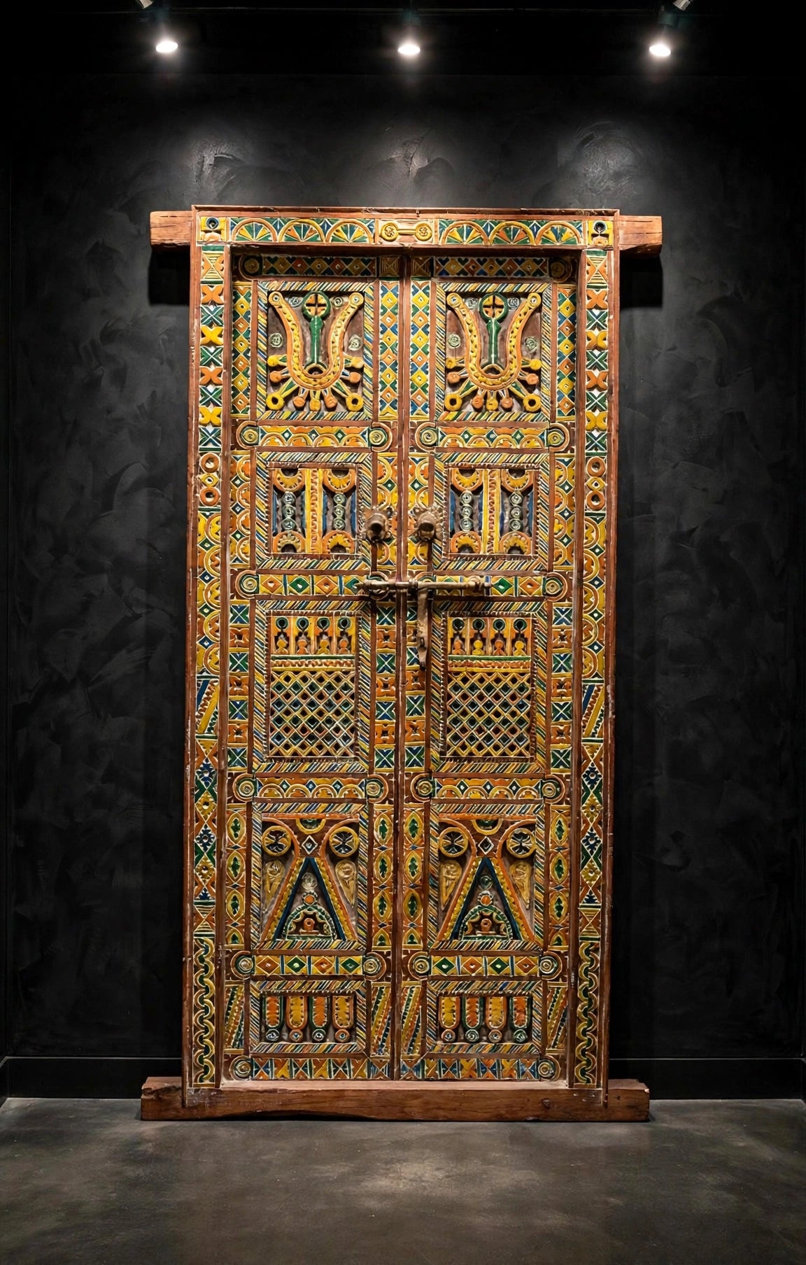 Vintage carved Moroccan African door panel with intricate Berber tribal patterns, measuring 78x37 inches.