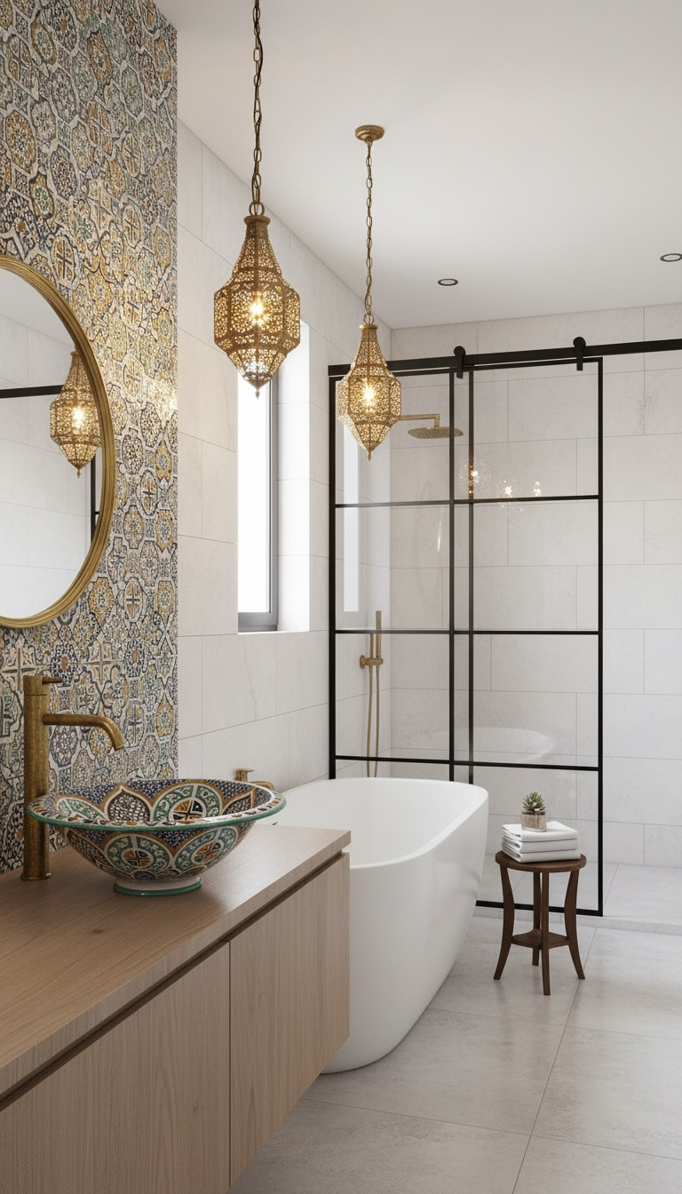 Moroccan Riad vessel sink with colorful tile design by Justmorocco, showcasing intricate patterns and vibrant ceramic craftsmanship.